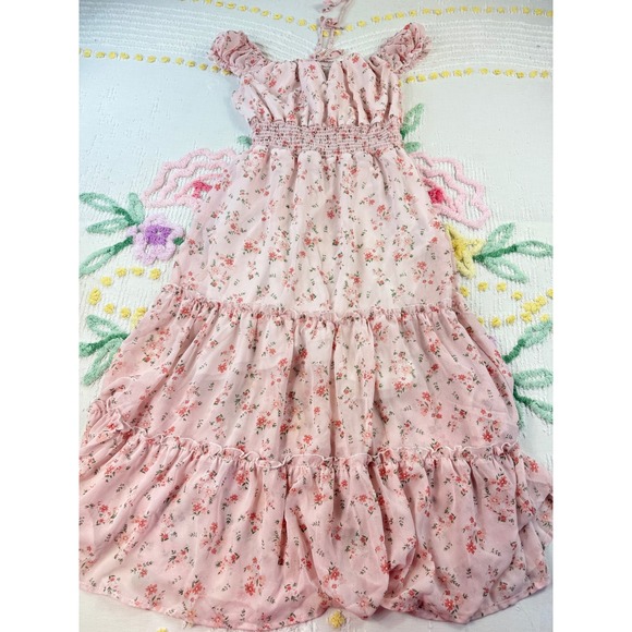 Shein Floral Tiered Midi Dress Off Shoulder Smocked Waist Short Sleeve‎ Pink M - Picture 5 of 12